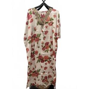 Winlar Floral Caftan Kaftan Maxi Dress One Size Roses Boho Resort Cover Up